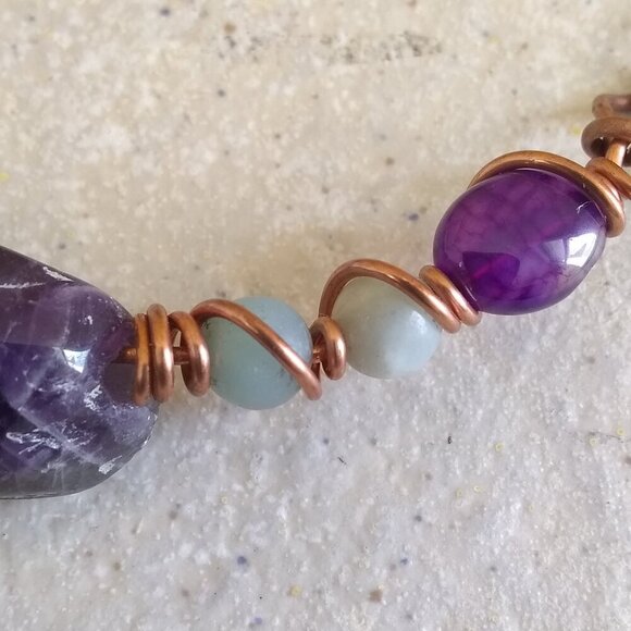 Huge Amethyst + Agate + Amazonite Beads & Copper! Handmade Asymmetrical Choker! - Picture 4 of 10